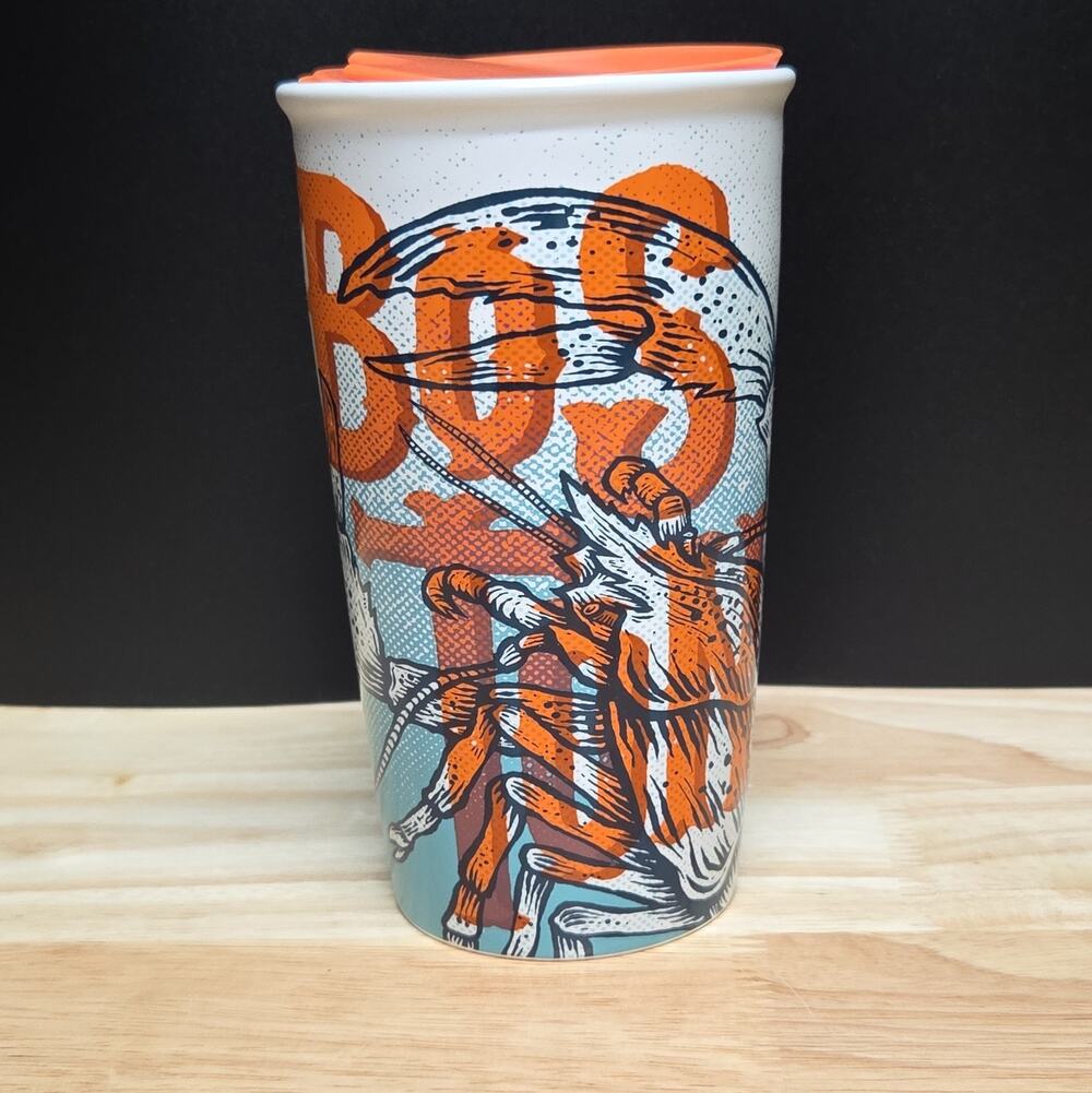 Starbucks Boston 12 oz Travel Tumbler Orange Aqua Lobster Ceramic Hot Cold Cup